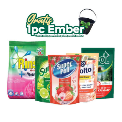 Rinso Powder Molto Rose Fresh 1,8kg + Molto Softener Japanese Peach Refill 650ml + Sunlight Dishwash Lime Refill 650ml + Super Pell Korean Strawberry Refill 770ml + Wipol Karbol Cemara Refill 750ml