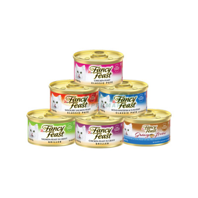 Fancy Feast Cat Food Classic Pate Chicken Feast/Savoury Salmon Feast/Ocean Whitefish & Tuna Feast/Grilled Salmon Feast in Gravy/Chicken Feast in Gravy/Gravy lovers Ocean Whitefish & Tuna Feast in Sauteed Seafood Gravy 85gr