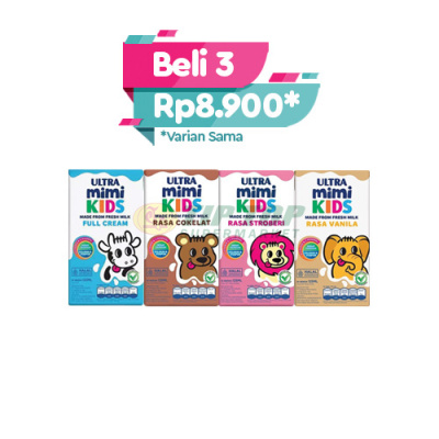 Ultra Mimi Kids Susu UHT Rasa Full Cream/Cokelat/Stroberi/Vanila 125ml
