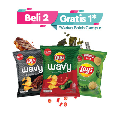 Lays Wavy Snack Kentang Rasa Daging Sapi Bakar/Rumput Laut Pedas/Rumput Laut 105gr